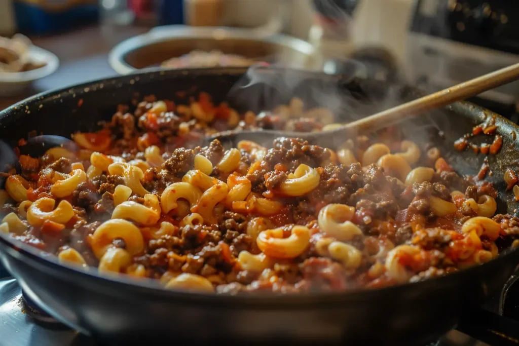 A home cook stirring a pot of beefaroni with ground beef, elbow macaroni, and tomato sauce. The perfect dish in the making in a cozy kitchen.