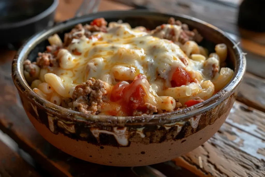 A comforting bowl of homemade beefaroni recipe with elbow macaroni, savory ground beef, tomato sauce, and melted cheese. The perfect family meal.