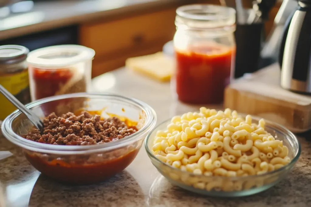 Beefaroni ingredients displayed on a countertop: macaroni, ground beef, tomato sauce, and shredded cheese, ready for cooking.