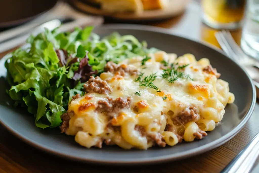 Beefaroni served on a plate with a side salad, emphasizing its creamy, cheesy texture and vibrant presentation.