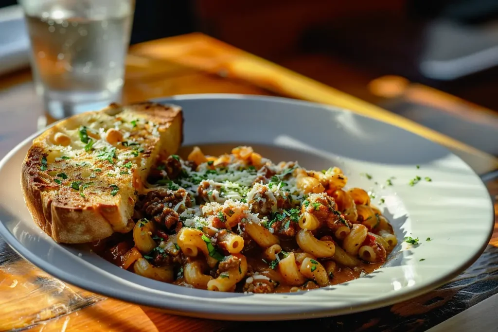 A delicious plate of beefaroni served with ground beef, pasta, and tomato sauce, accompanied by garlic bread, ready to enjoy in a cozy setting.