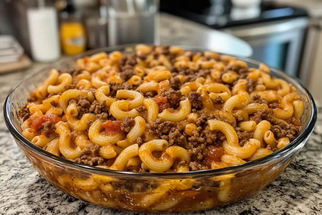 A casserole dish of beefaroni with macaroni, beef, tomato sauce, and cheese, sitting on a kitchen counter. Showcases the comforting appeal of beefaroni.