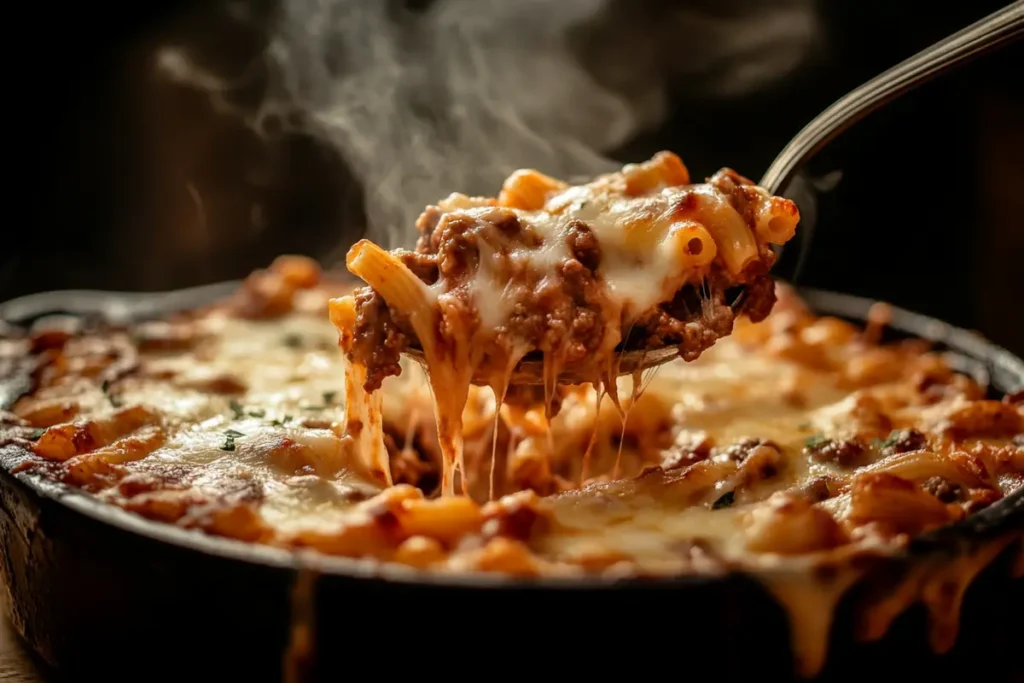 A close-up of beefaroni being served with a spoon, showcasing melted cheese and steaming noodles. Captured with an iPhone for a cozy, homemade feel.