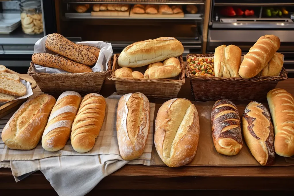 A variety of bread options for Philly cheesesteaks, including Amoroso rolls, hoagie rolls, baguettes, and ciabatta