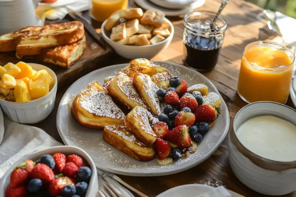 A bountiful breakfast spread featuring Hawaiian roll French toast dusted with powdered sugar, fresh strawberries, blueberries, banana slices, and a variety of sides, including fruit, syrup, and juice, on a rustic wooden table.