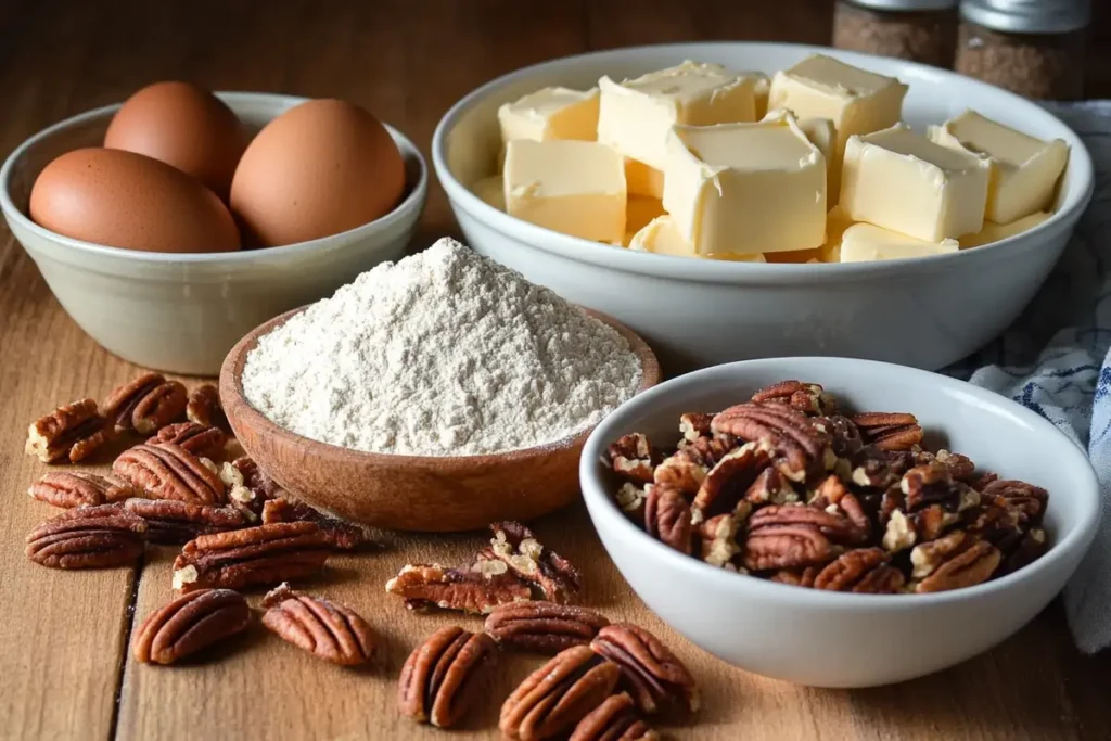 Ingredients for Butter Pecan Pound Cake, including pecans, butter, flour, eggs, and spices, arranged on a rustic wooden countertop