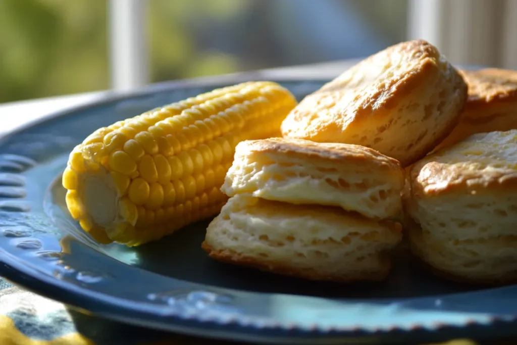 A plate featuring classic Southern sides like corn on the cob and biscuits, ideal accompaniments for Cajun shrimp dishes.