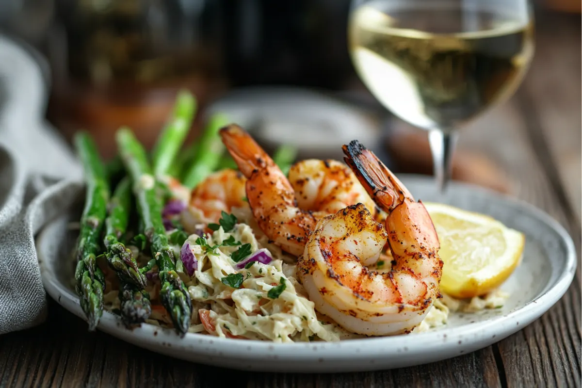 A vibrant plate of Cajun shrimp paired with coleslaw, grilled asparagus, and wine, showcasing what goes well with Cajun shrimp.