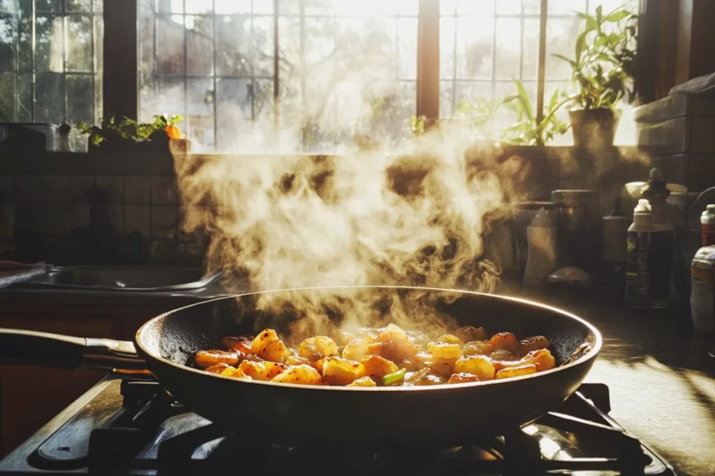 Shrimp sizzling in a hot skillet with garlic and Cajun spices, steam rising as the shrimp turn golden and aromatic, captured in natural light from a home kitchen window, emphasizing the cooking process of this flavorful dish.