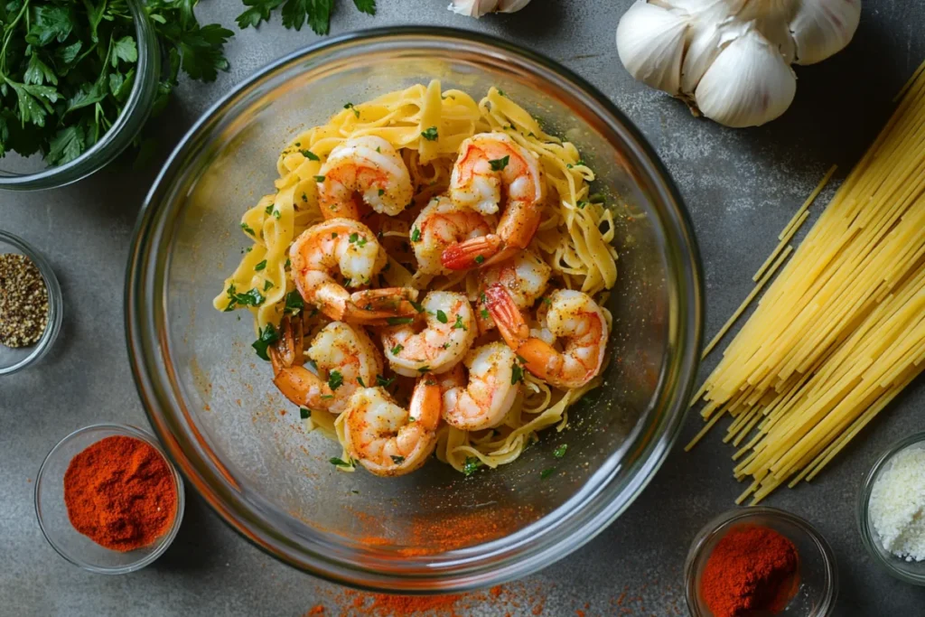 A close-up view of raw shrimp being coated with a mix of Cajun spices in a glass bowl, surrounded by fresh ingredients like minced garlic, smoked paprika, chopped parsley, and dry pasta, set in a casual home kitchen environment.