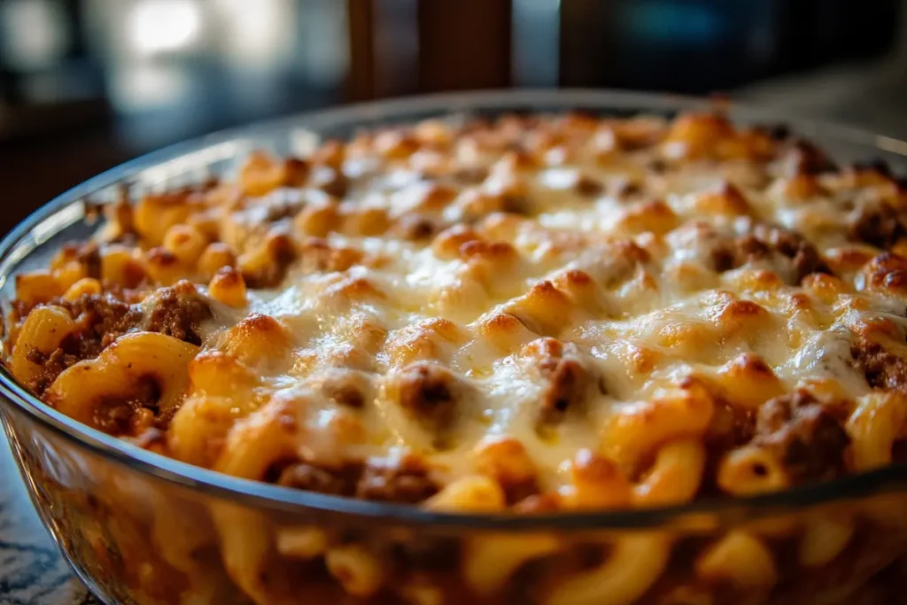 A casserole dish of baked beefaroni, topped with golden-brown melted cheese, highlighting the richness of the dish. Captured in a homely kitchen.