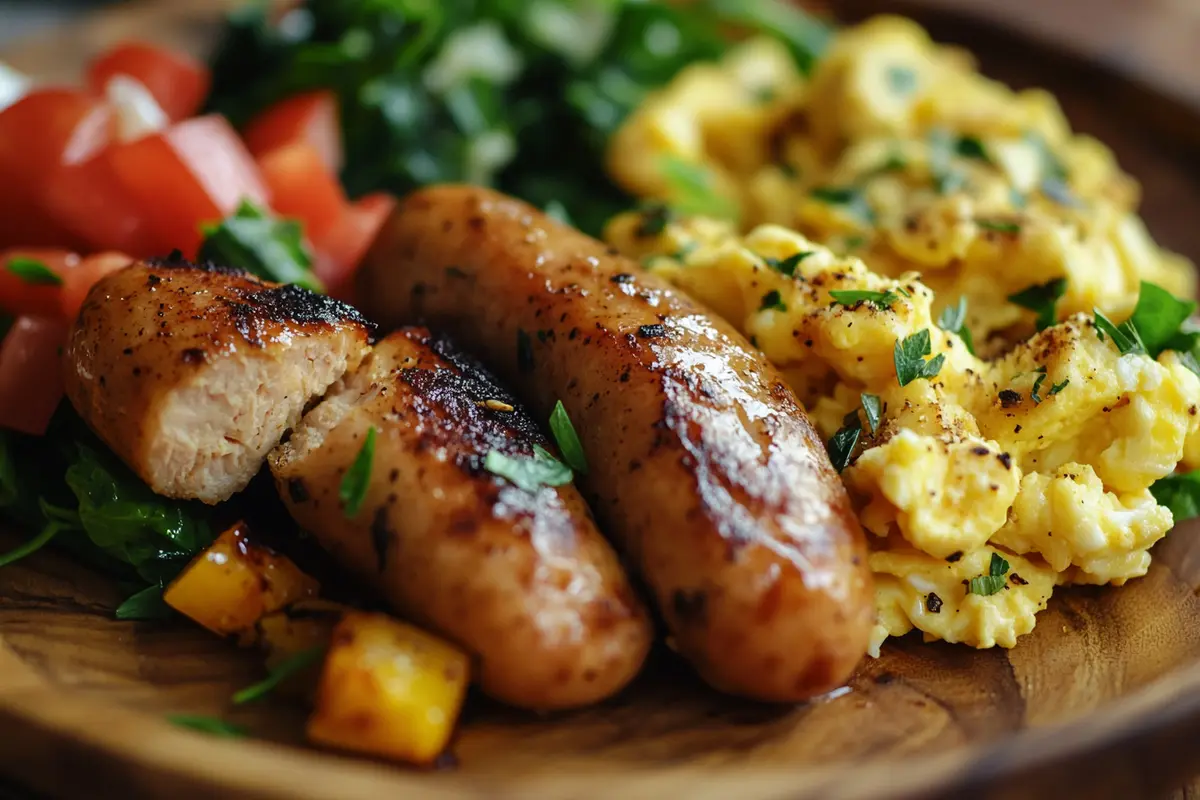 Freshly cooked chicken breakfast sausages with eggs and greens, showcasing their golden-brown texture and natural appeal.