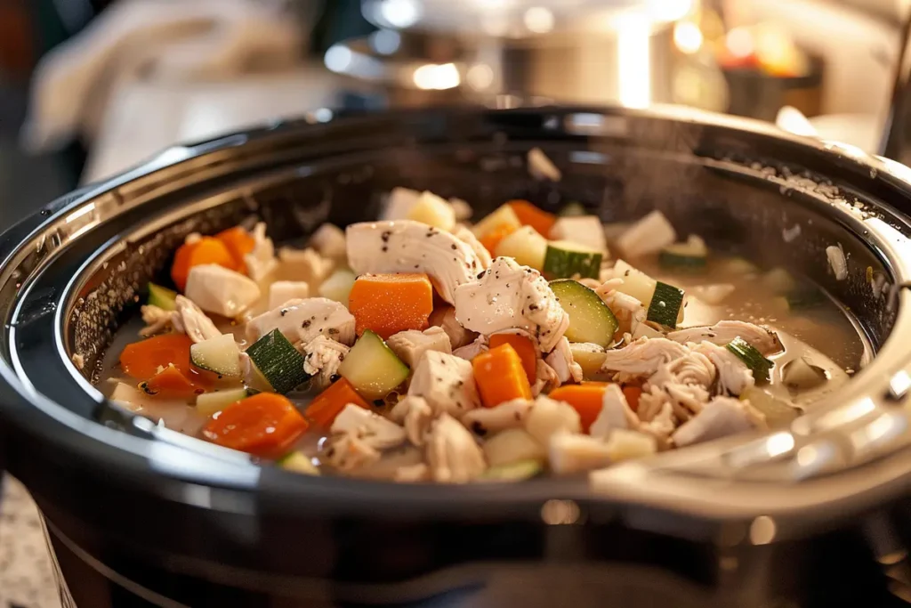 Uncooked chicken, vegetables, and broth in a crockpot, illustrating the preparation process for a flavorful slow-cooked dish.