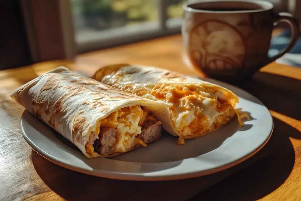 Chicken sausage breakfast burritos on a wooden table with coffee, highlighting a hearty, protein-packed morning meal.