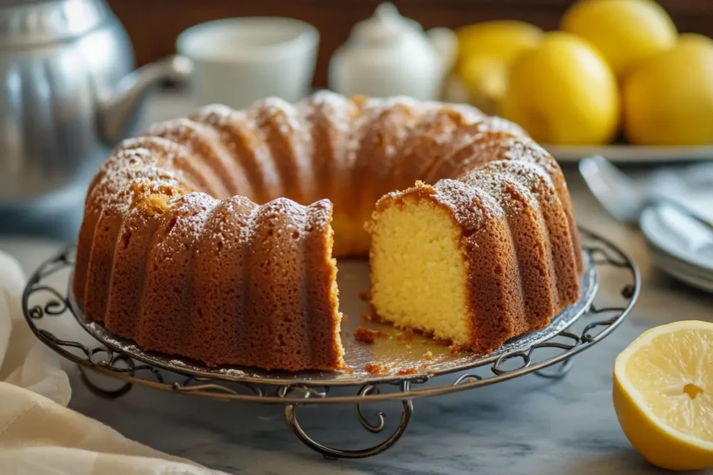 A golden brown classic pound cake with a slice cut out, dusted with powdered sugar and served on a decorative metal stand, with lemons and a teapot in the background.