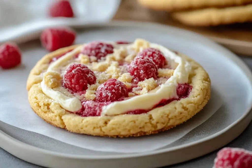 A close-up of a raspberry cheesecake cookie topped with fresh raspberries, creamy frosting, and crumbly streusel on a plate.