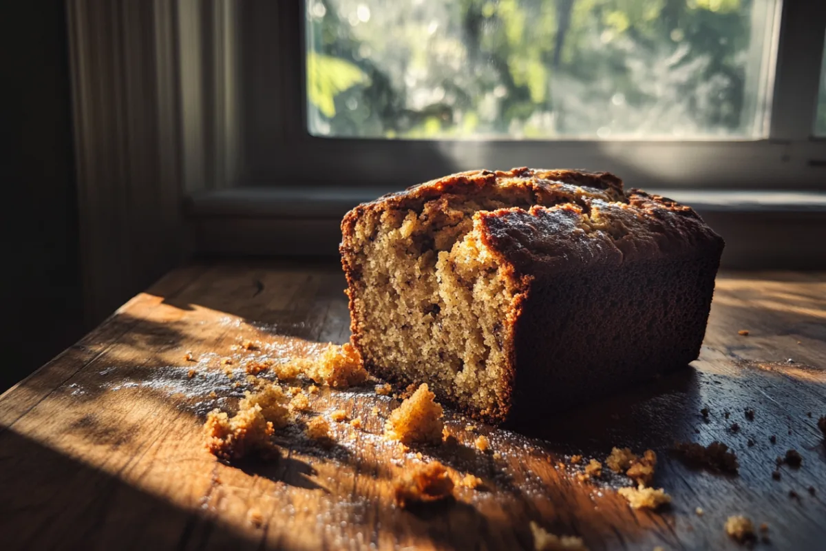 A collapsed banana bread loaf on a wooden countertop, showing signs of sinking after baking. Learn why banana bread collapses and how to fix it.