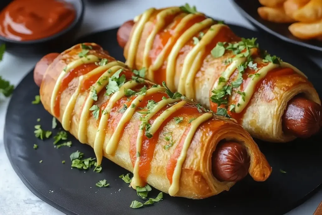 Two crescent roll hot dogs topped with mustard, ketchup, and fresh herbs, arranged on a black plate for a vibrant and appetizing presentation.