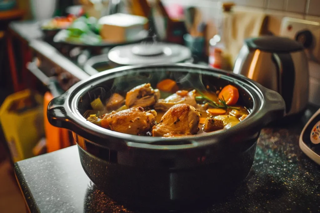 A crockpot in a cozy kitchen, lid partially lifted to show chicken and vegetables simmering in broth, emphasizing the slow cooking process.
Placement: Use in the section "Overview of Crockpot Cooking Methods.