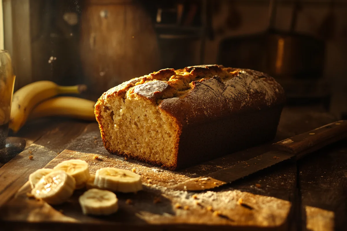 Freshly baked banana bread on a wooden counter, showcasing its golden crust and soft interior. Is making banana bread a chemical change?