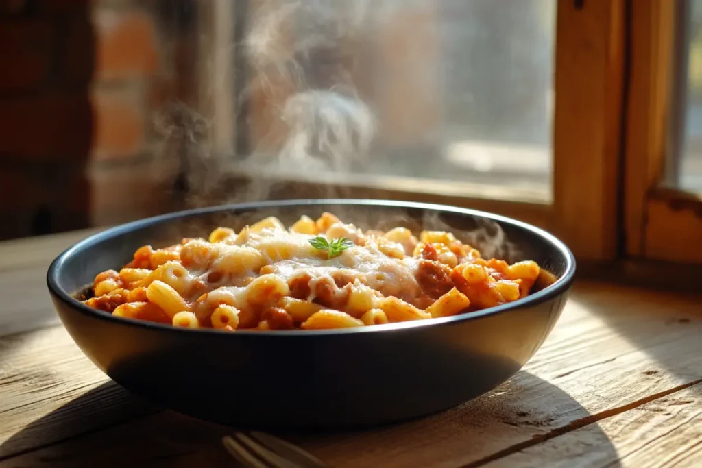 A close-up view of freshly cooked Beefaroni in a bowl, showcasing its key ingredients: macaroni, beef, tomato sauce, and melted cheese.