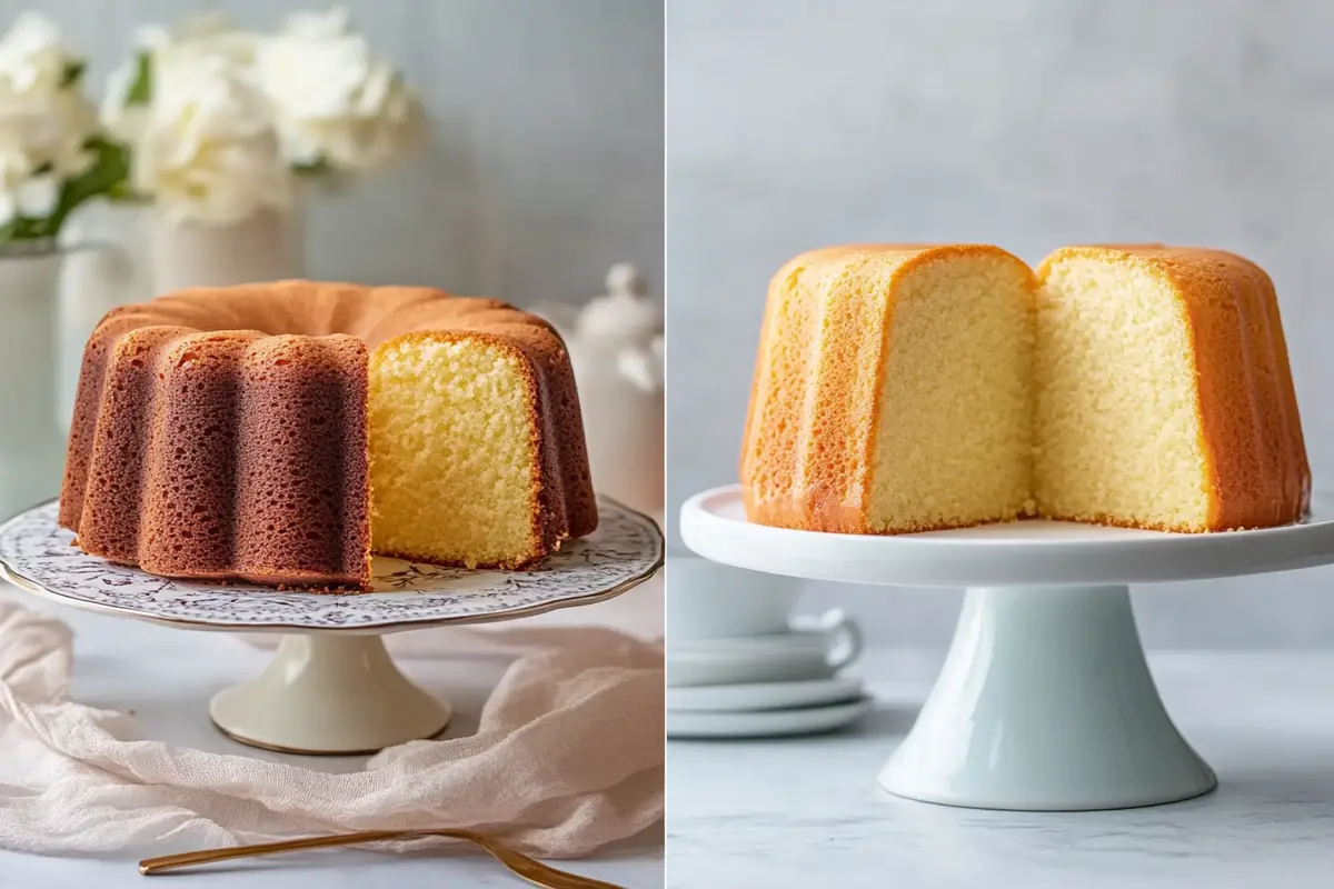 Side-by-side comparison of a classic butter cake and a pound cake, both sliced to showcase their textures, displayed on elegant cake stands.