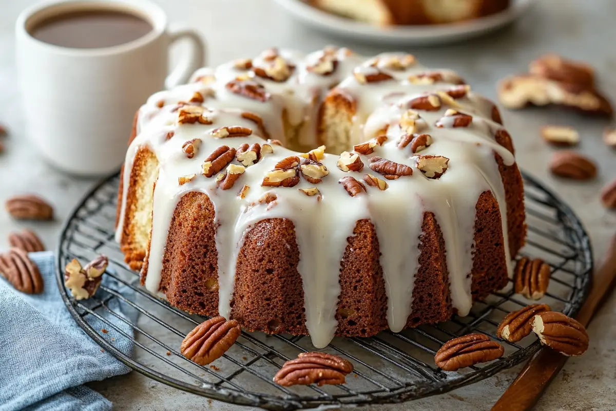 Butter Pecan Pound Cake with vanilla glaze and toasted pecans on a cooling rack, paired with a cup of coffee for a cozy presentation