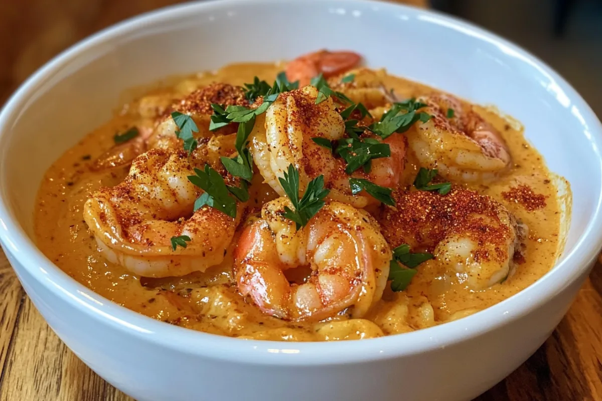 A delicious plate of creamy Cajun shrimp pasta served in a shallow white bowl, topped with golden-brown Cajun-seasoned shrimp, fresh parsley garnish, and a dusting of paprika, placed on a rustic wooden kitchen table for a cozy, homemade meal vibe