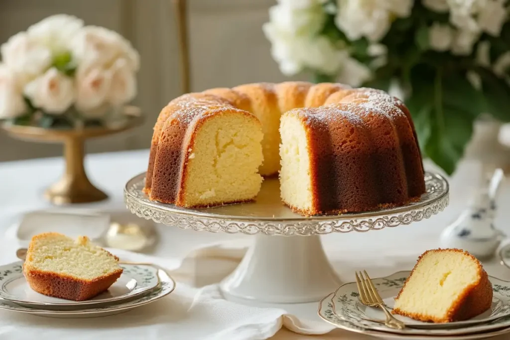 A classic pound cake with a dense, golden texture, displayed elegantly on a glass cake stand with floral decor in the background.