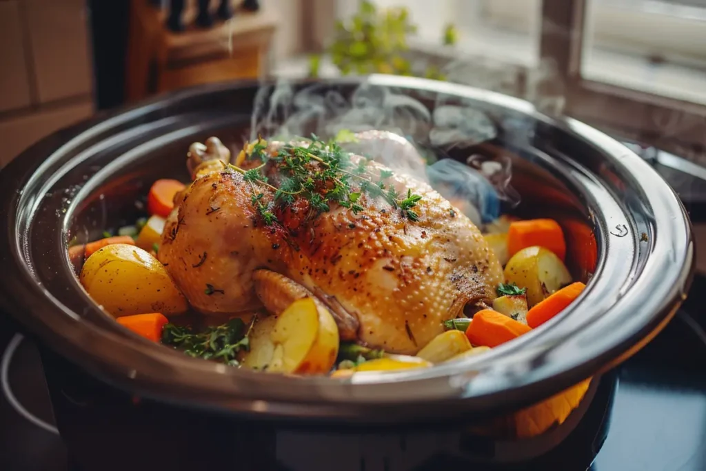 A tender, perfectly cooked chicken breast in a crockpot, surrounded by colorful vegetables and light steam, showcasing crockpot cooking. Placement: Use as the featured image at the top of the article.