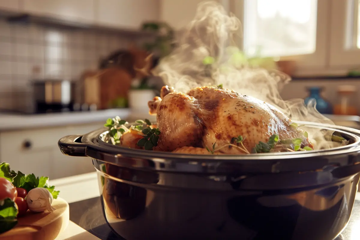 Perfectly cooked chicken in a crockpot, showcasing the benefits of using high or low settings for tender and flavorful meals.