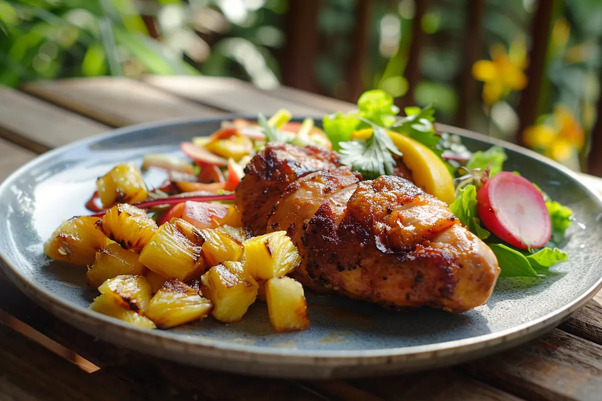 A plate of Hawaiian chicken with pineapple and tropical salad, showcasing the vibrant colors and ideal accompaniments. This image captures the essence of what is a good side for Hawaiian chicken.