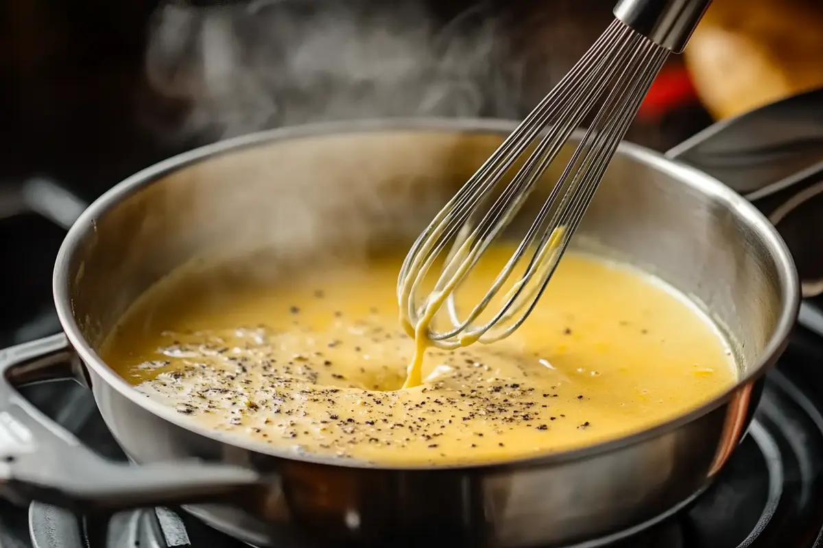 A close-up of a saucepan on a stovetop showing how to thicken up a lemon pepper sauce. A whisk stirs the golden sauce as it thickens, with steam rising gently from the pan