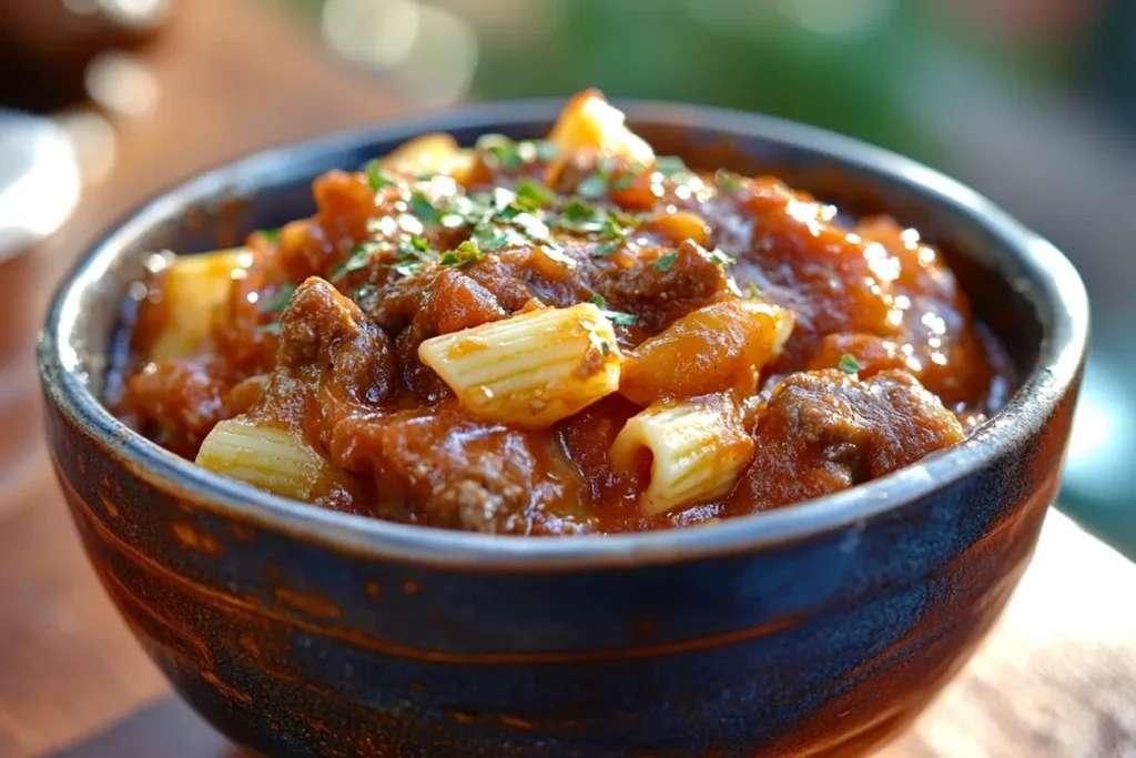 A close-up of a bowl of Beefaroni made with pasta and tomato sauce, highlighting its gluten-free preparation. Perfect for those avoiding gluten.