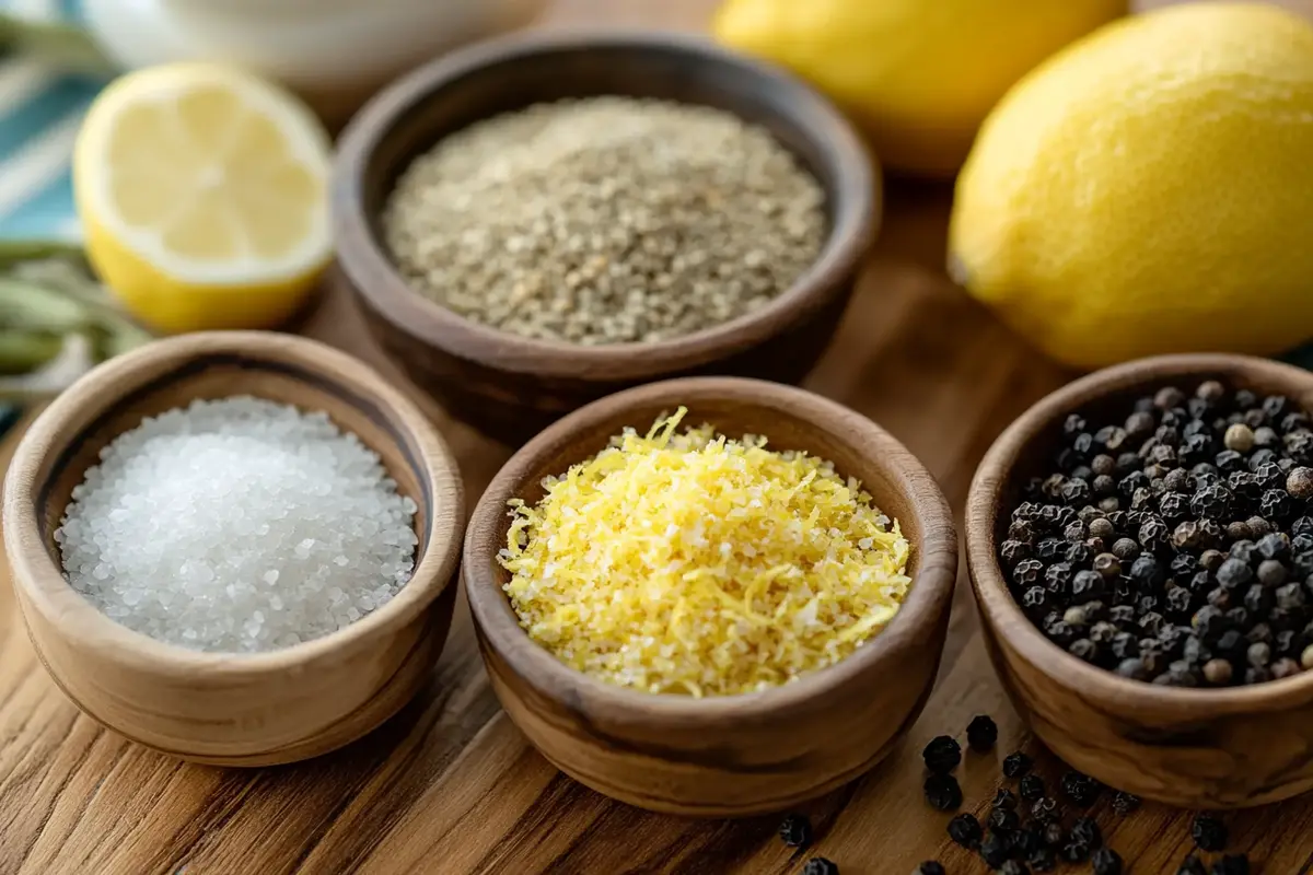 A detailed close-up of the ingredients for lemon pepper seasoning displayed on a wooden kitchen counter—bright yellow lemon zest, cracked black pepper, and coarse sea salt, arranged in small bowls, with natural light highlighting their textures.