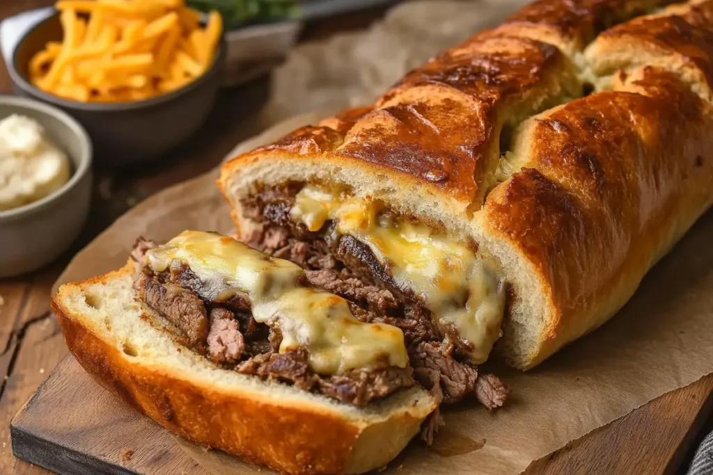 Freshly baked Philly Cheesesteak Bread sliced to reveal juicy steak and gooey melted cheese