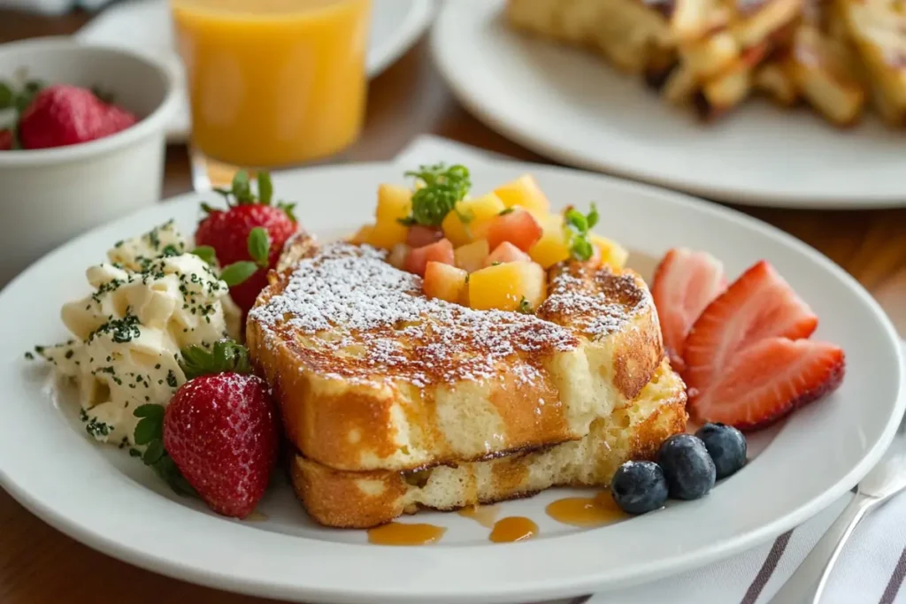 A beautifully plated serving of Hawaiian roll French toast topped with powdered sugar, fresh fruit, and whipped cream, served with strawberries and blueberries on a white plate, perfect for a delightful breakfast.