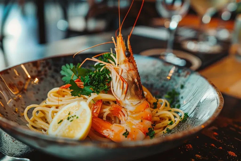 A beautifully presented shrimp pasta dish showcasing shrimp tails left intact for flavor and presentation, highlighting the benefits of the practice.