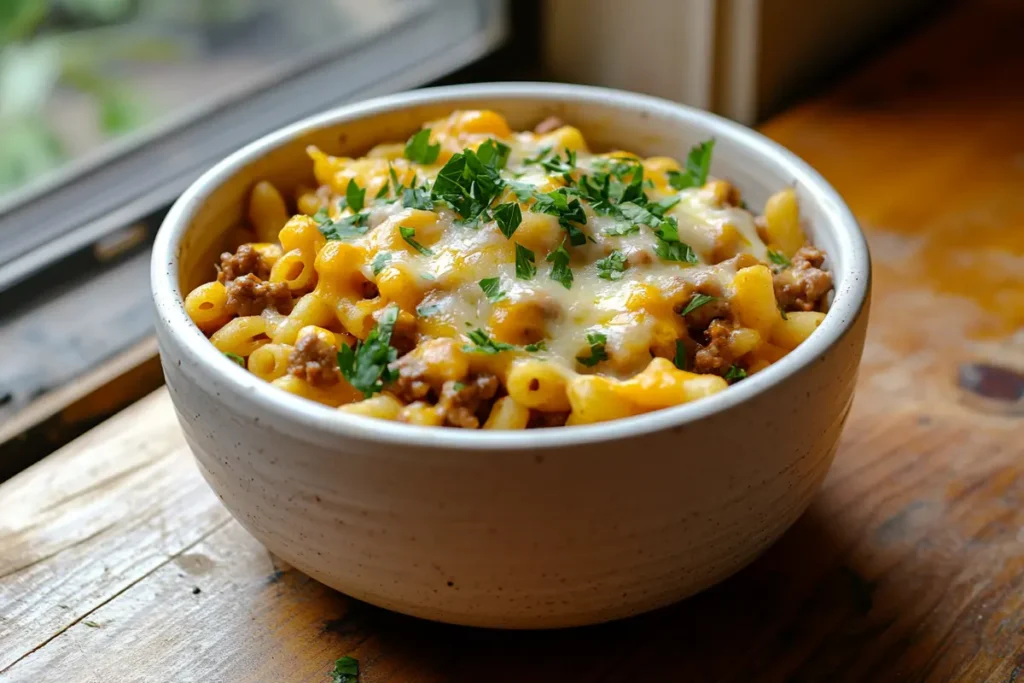 A bowl of homemade beefaroni with melted cheese and fresh parsley on top, showing how to make beefaroni taste better. Captured naturally in a warm kitchen setting.