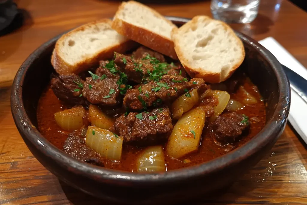 A bowl of traditional Hungarian goulash with beef, onions, and paprika, served with fresh bread on a rustic table. Highlights the rich flavors of goulash.