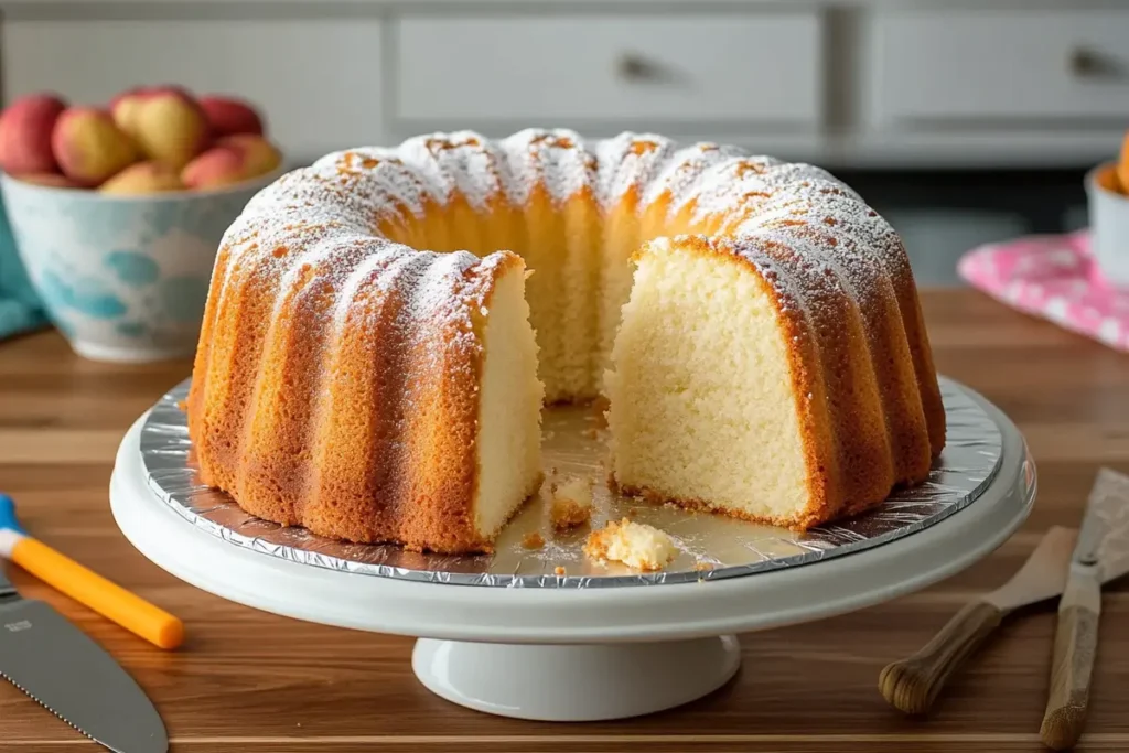 A fluffy, golden pound cake with a slice cut out, lightly dusted with powdered sugar, presented on a cake stand in a cozy kitchen setting.