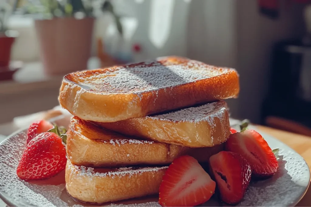 Cooked French toast slices with powdered sugar and strawberries, highlighting results after soaking French toast before cooking