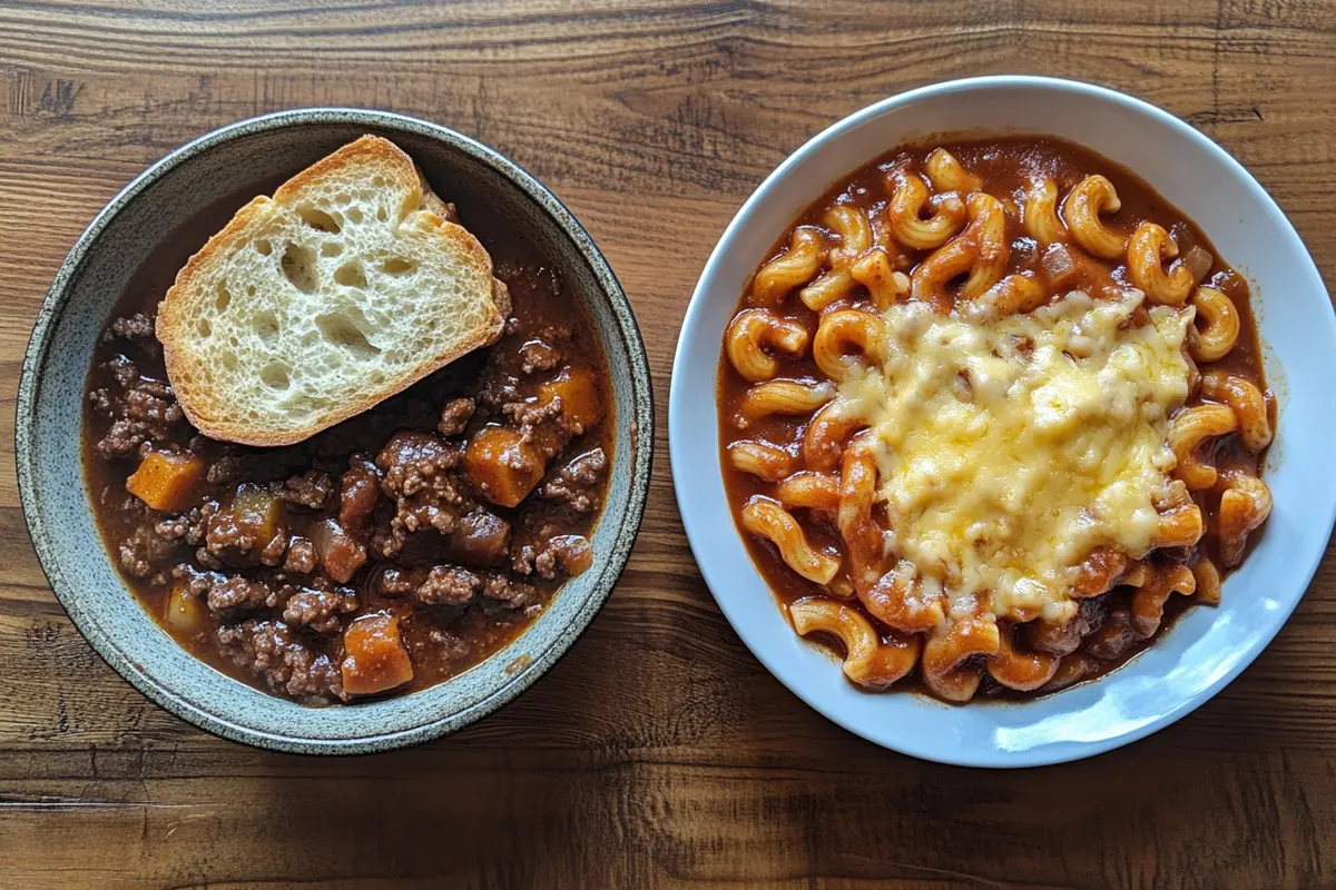 Side-by-side comparison of goulash and beefaroni dishes, highlighting their distinct ingredients and presentation styles