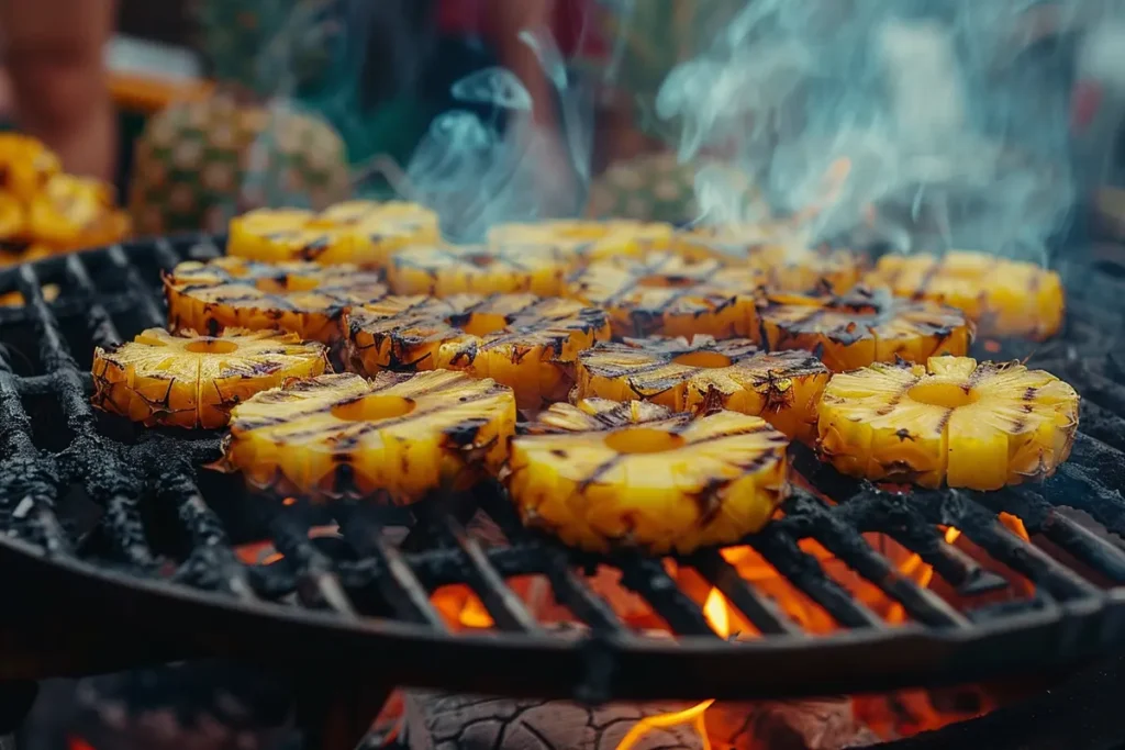 Grilled pineapple slices with perfect char marks, highlighting their sweet and smoky flavor, an ideal side for Hawaiian chicken.