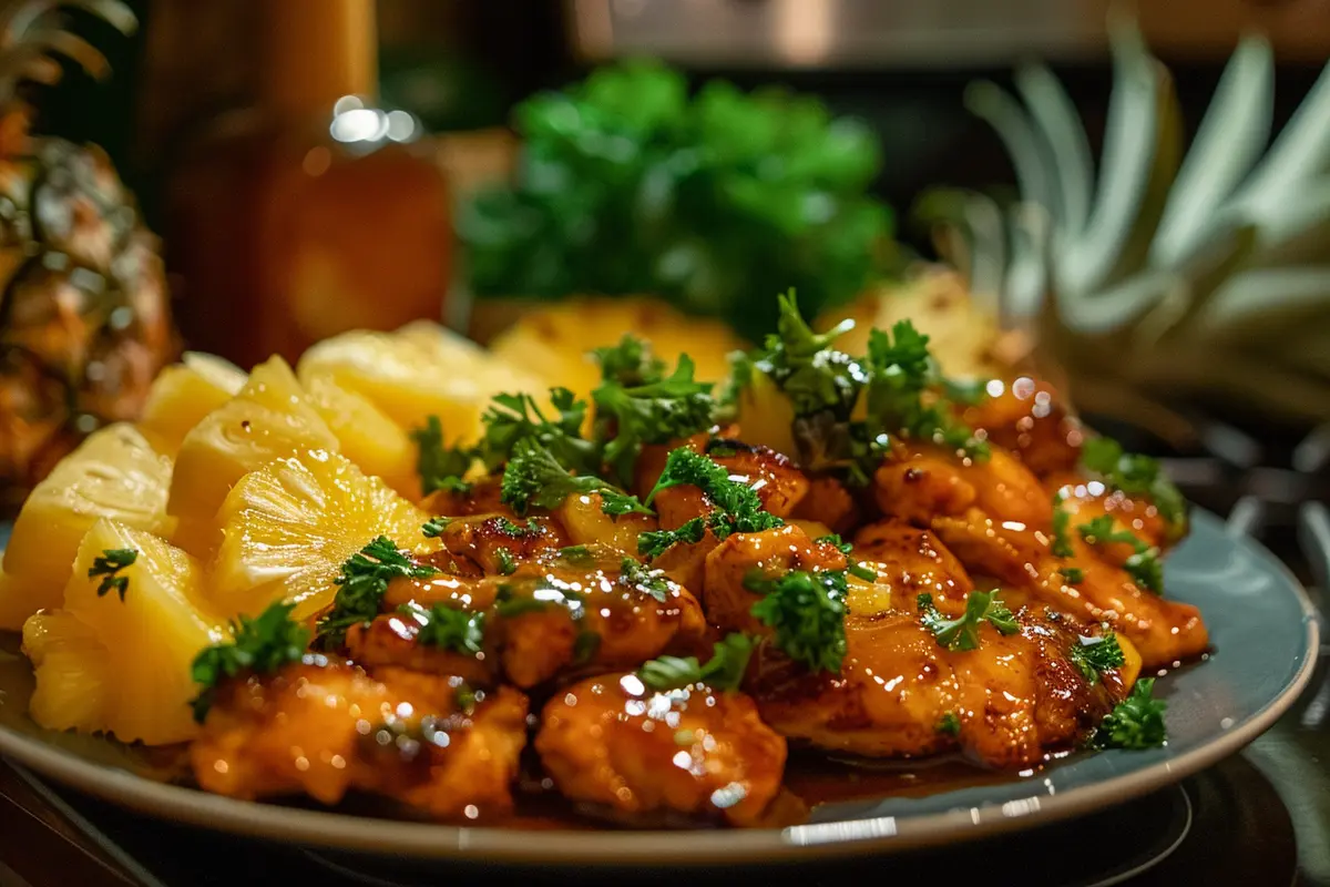 A plate of Hawaiian chicken with glossy pineapple sauce, garnished with pineapple slices, highlighting the tropical flavors of the dish.