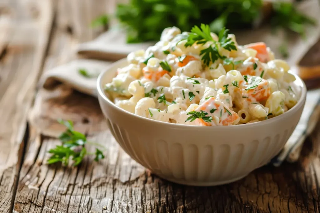 A close-up of Hawaiian macaroni salad, a creamy and flavorful side that pairs perfectly with Hawaiian chicken.