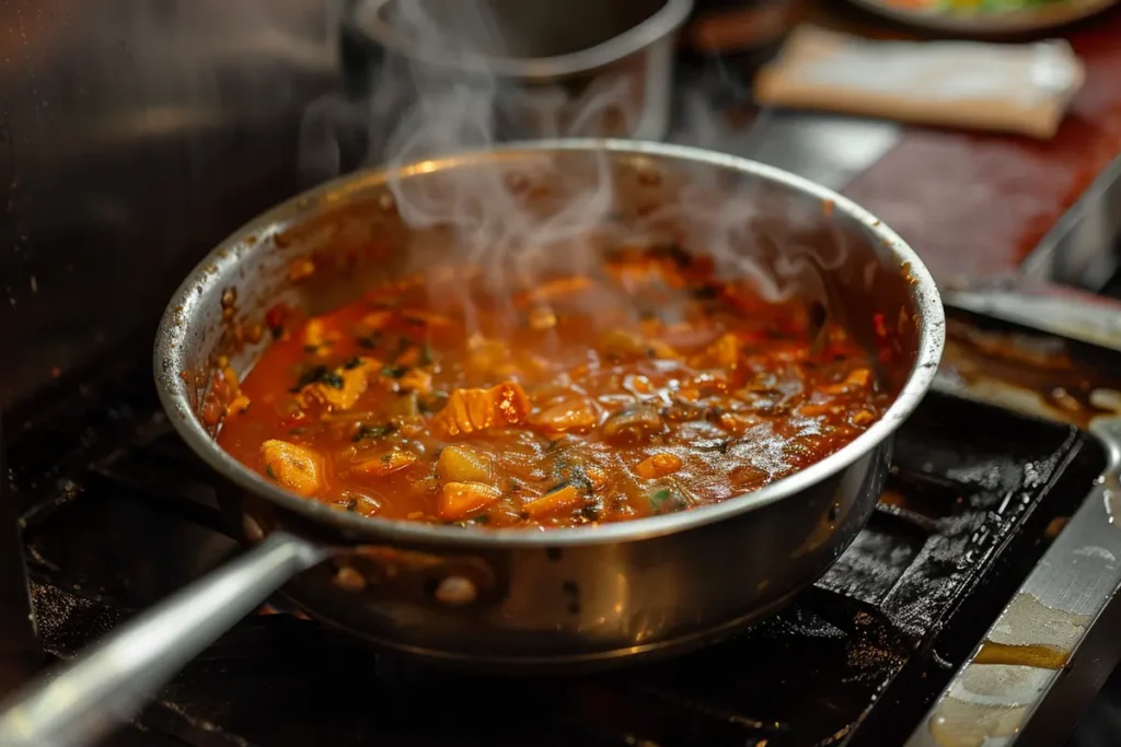 A small saucepan of Hawaiian chicken sauce simmering on the stove, with steam rising, showing the preparation process in detail.