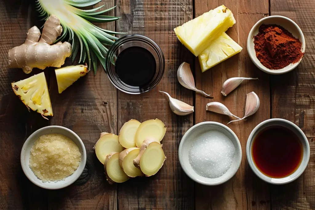 Close-up of key ingredients for Hawaiian chicken sauce: pineapple juice, soy sauce, brown sugar, ginger, and garlic, ready for preparation.