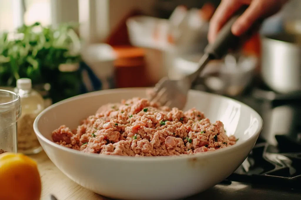 Ground chicken and spices in a white bowl, capturing the preparation process for chicken breakfast sausage in a home kitchen.