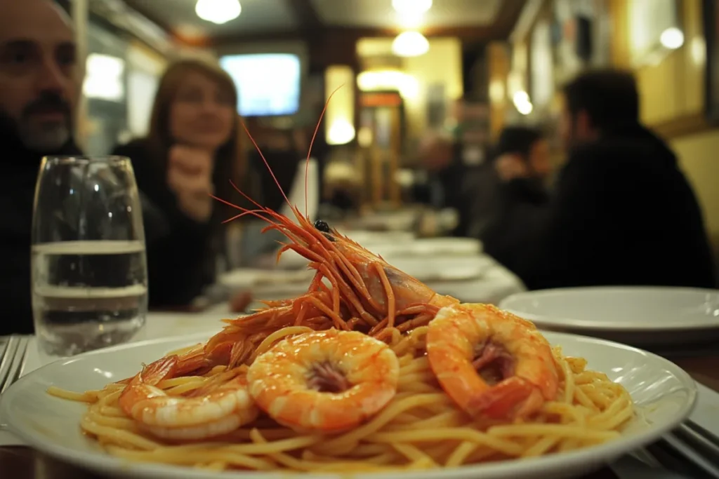 A lively Italian restaurant setting with shrimp pasta as the centerpiece, highlighting cultural traditions and presentation.